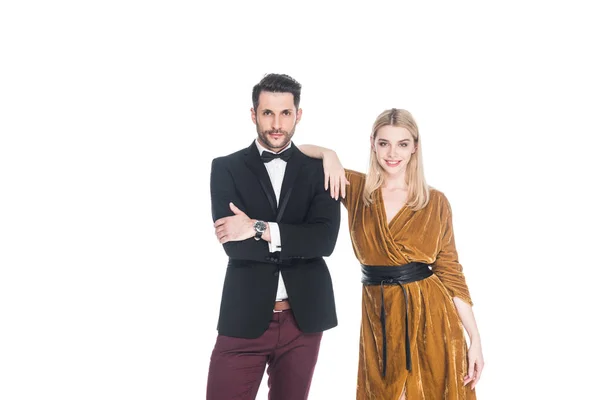 Portrait of young attractive couple in stylish clothing isolated on white — Stock Photo