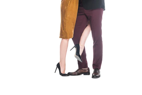 Partial view of couple in stylish clothing isolated on white — Stock Photo