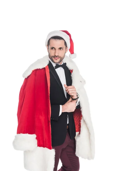 Portrait of stylish man in santa claus costume isolated on white — Stock Photo