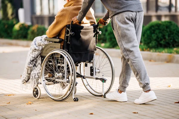 Cropped shot of disabled man in wheelchair with plaid and cuidador riding by street — Stock Photo