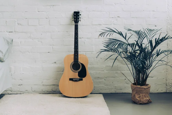Selective focus of white carpet, acoustic guitar and houseplant at home — Stock Photo
