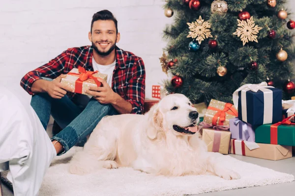 Радостный молодой человек с подарочной коробкой и золотистым ретривером сидит у рождественской елки дома — стоковое фото