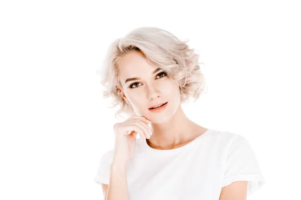 Приваблива блондинка молода доросла жінка ізольована на білому — стокове фото