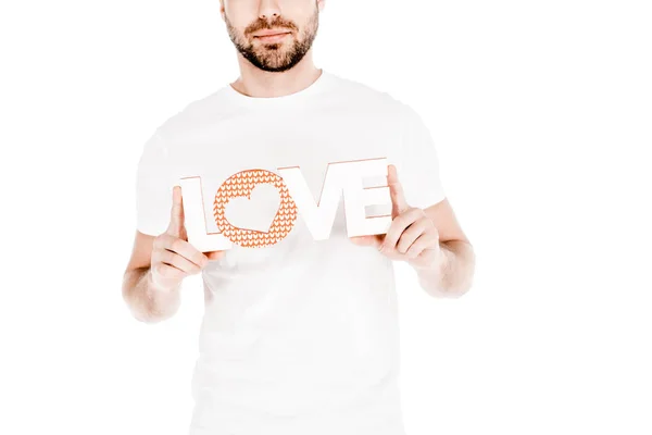 Partial view of man holding love sign isolated on white — Stock Photo