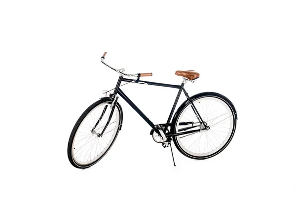 Black bicycle with wooden seat isolated on white — Stock Photo