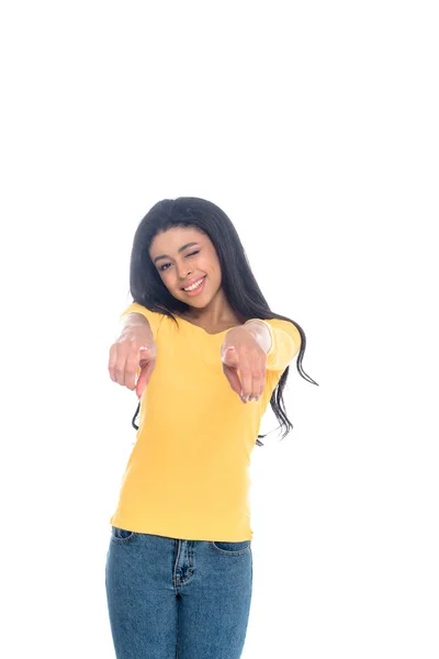 Happy young african american woman pointing at camera isolated on white — Stock Photo