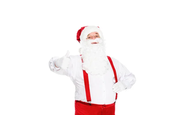 Papai Noel em suspensórios mostrando polegar para cima isolado em branco — Fotografia de Stock