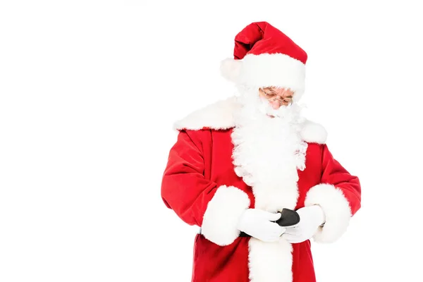 Санта Клаус завязывая свой пояс изолирован на белом — стоковое фото