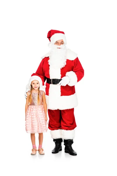 Santa claus and little child looking at camera together isolated on white — Stock Photo