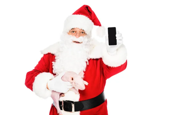 Санта Клаус тримає маленьку свиню і показує смартфон з порожнім екраном на камері ізольовано на білому — стокове фото