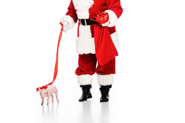 Abgeschnittene Aufnahme von Weihnachtsmann mit Sack und angeleintem Schweinchen isoliert auf weiß — Stockfoto
