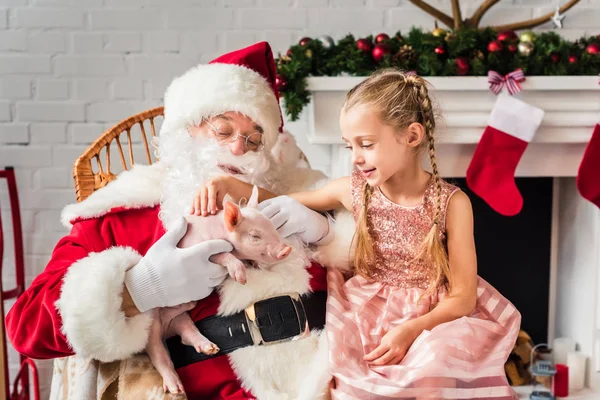 Santa claus and cute little child playing with adorable pig at christmas time — Stock Photo