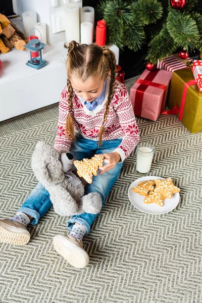 High angle view of cute little child feeding teddy bear with gingerbread cookie while sitting near christmas tree with gifts — Stock Photo
