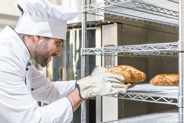 Side view of chef taking freshly baked bread from shelf — Stock Photo