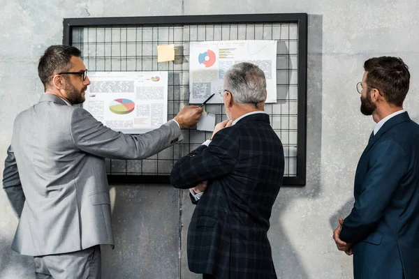 Back view of businessmen in formal wear looking at charts on wall — Stock Photo