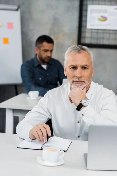 Porträt eines gut aussehenden, reifen Geschäftsmannes, der im Büro in die Kamera blickt — Stockfoto