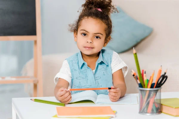 Adorable niño afroamericano sosteniendo un lápiz y mirando a la cámara mientras escribe en un libro de trabajo - foto de stock