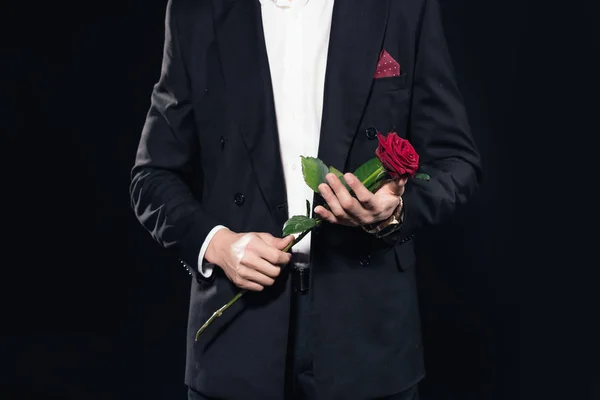 Partial view of man in suit holding red rose isolated on black — Stock Photo