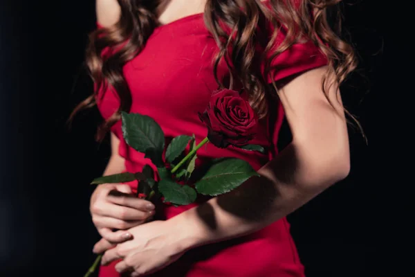 Vue partielle de la femme en robe rouge tenant rose dans les mains isolées sur noir — Photo de stock
