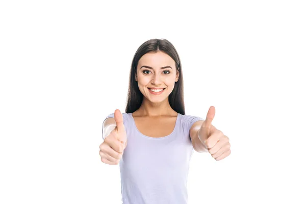 Портрет усміхненої жінки, що показує великі пальці вгору ізольовано на білому — стокове фото