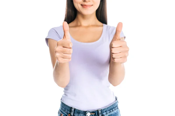 Cropped shot of woman showing thumbs up isolated on white — Stock Photo