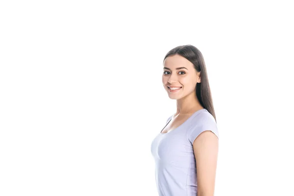 Seitenansicht der attraktiven fröhlichen jungen Frau isoliert auf weiß — Stockfoto