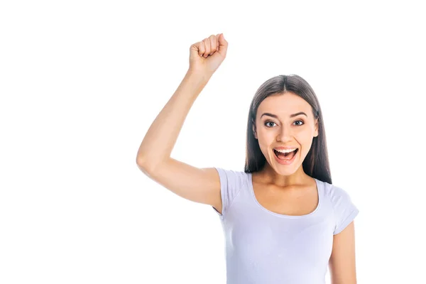 Portrait of excited woman with hand up looking at camera isolated on white — Stock Photo