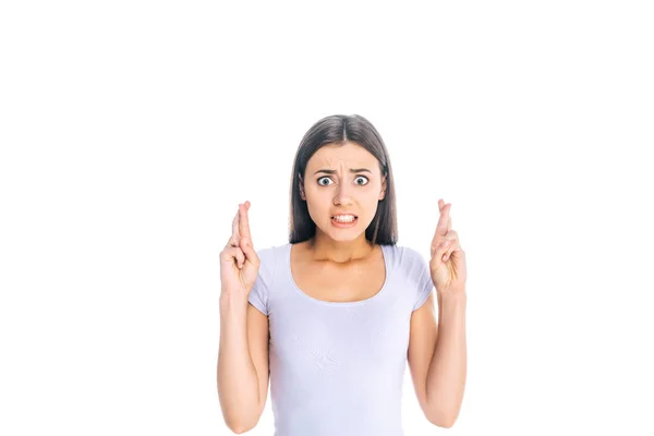 Portrait of emotional woman gesturing isolated on white — Stock Photo