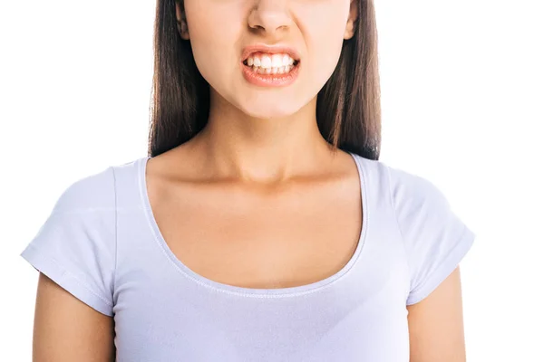 Tiro cortado de mulher mostrando dentes brancos isolados em branco — Fotografia de Stock