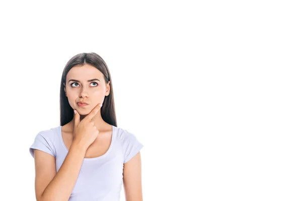 Portrait de jeune femme réfléchie regardant loin isolé sur blanc — Photo de stock