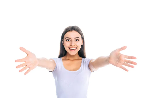 Портрет щасливої молодої жінки з простягнутими руками ізольовані на білому — стокове фото