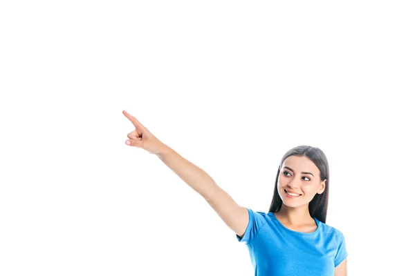 Portrait of attractive cheerful woman pointing away isolated on white — Stock Photo