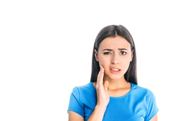 Portrait of young woman having toothache isolated on white — Stock Photo