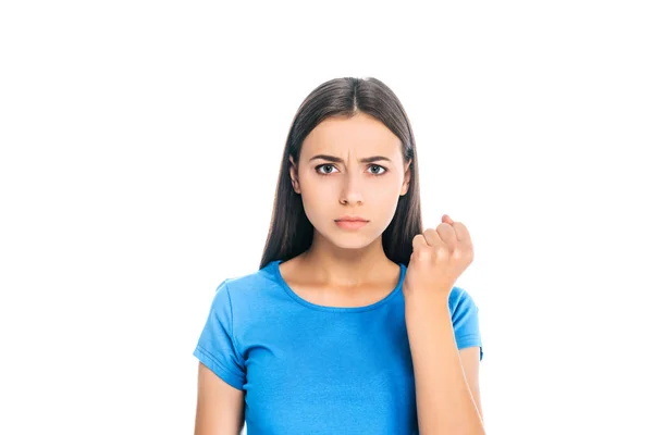 Retrato de mulher séria mostrando punho isolado em branco — Fotografia de Stock