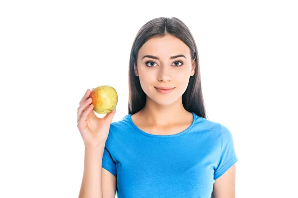 Porträt einer attraktiven jungen Frau mit frischem Apfel auf weißem Hintergrund — Stockfoto