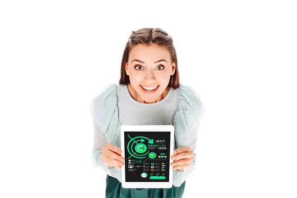 Hochwinkelaufnahme einer lächelnden jungen Frau mit Tablette isoliert auf Weiß — Stockfoto