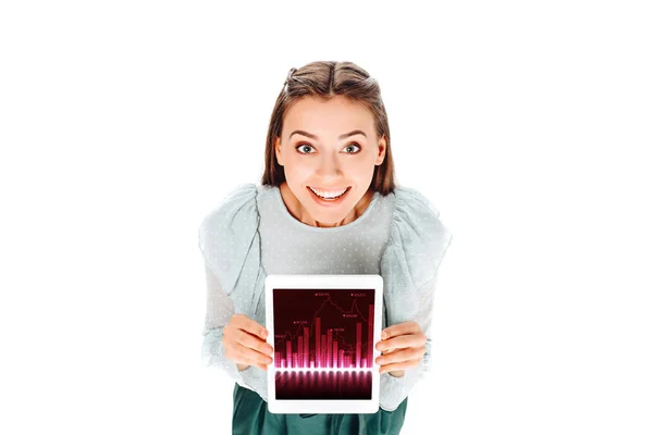 Vista ad alto angolo di giovane donna sorridente con tablet isolato su bianco — Foto stock