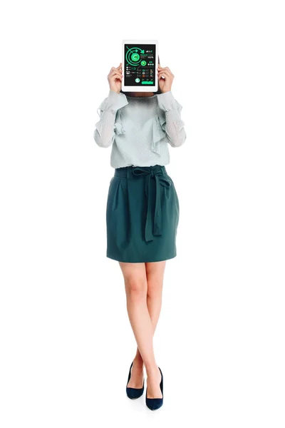 Затемнений вид жінки з планшетом ізольовано на білому — стокове фото