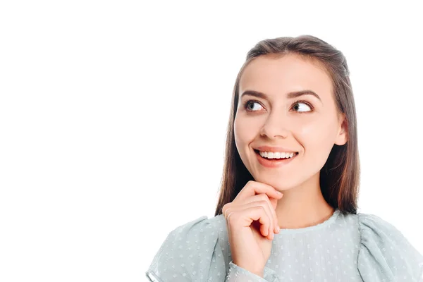 Retrato de mujer bastante pensativa aislado en blanco - foto de stock