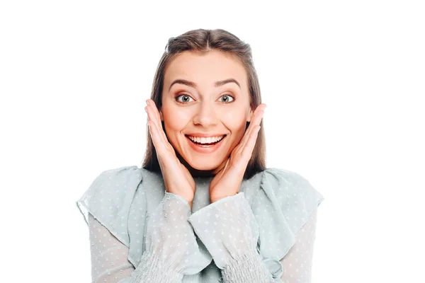 Porträt einer glücklichen Frau isoliert auf Weiß — Stockfoto