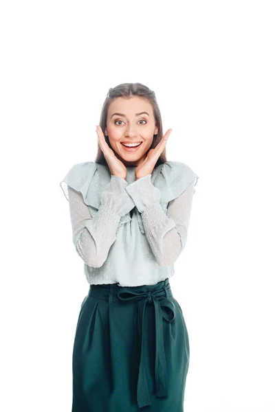 Retrato de mujer feliz aislado en blanco - foto de stock