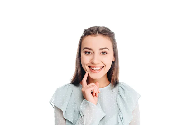 Portrait of beautiful smiling woman looking at camera isolated on white — Stock Photo