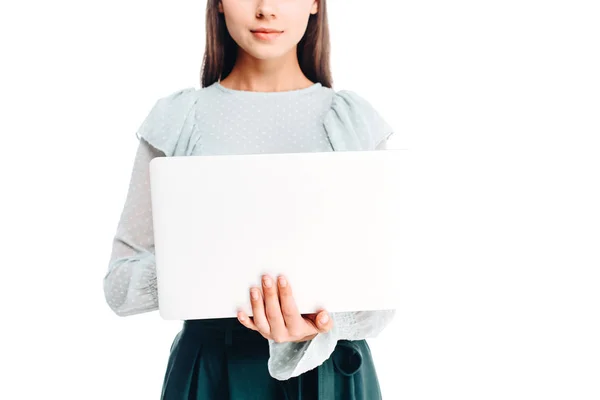 Vue partielle de la femme élégante avec ordinateur portable isolé sur blanc — Photo de stock