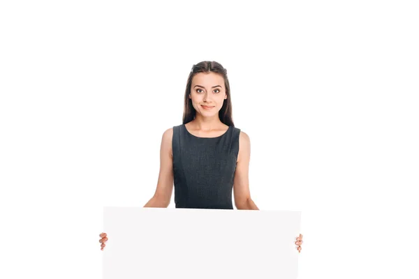 Portrait of young woman with blank banner isolated on white — Stock Photo
