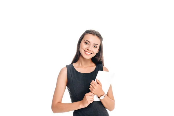 Portrait of smiling stylish woman with tablet isolated on white — Stock Photo