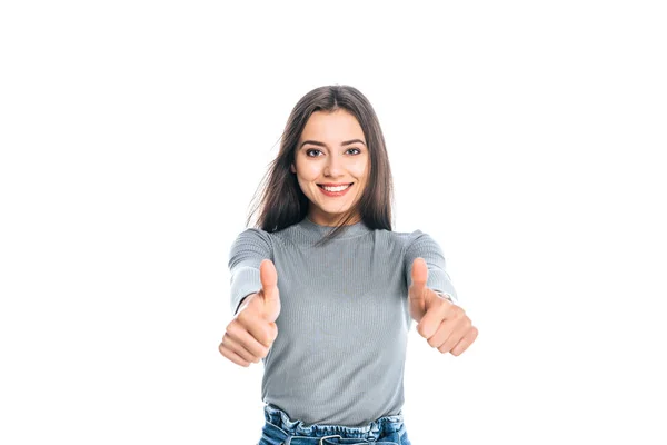 Portrait of beautiful smiling woman showing thumbs up isolated on white — Stock Photo
