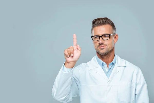 Handsome scientist in white coat and glasses touching something in air isolated on white, artificial intelligence concept — Stock Photo