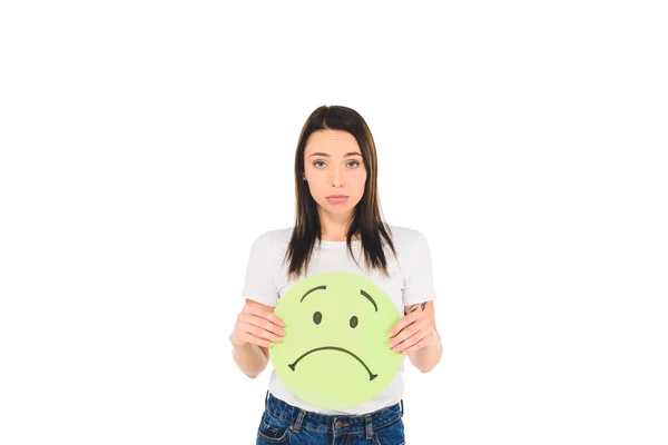 Attractive girl holding sign with unhappy face expression isolated on white — Stock Photo