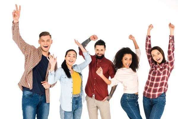 Happy multicultural group of people smiling with hands above head isolated on white — Stock Photo