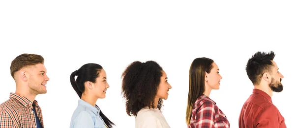 Perfil de sonriente grupo de milicias aisladas en blanco - foto de stock